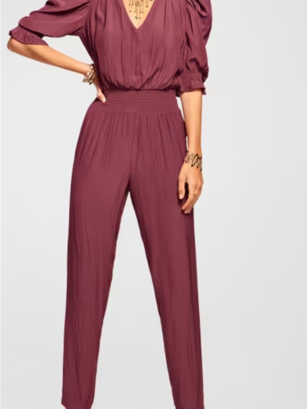 Ramy Brook Plum V-Neck Smocked-Waist Jumpsuit